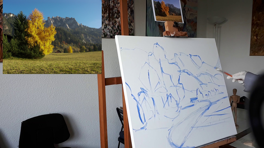 Мастер-класс:  Этюд "Осень в горах Лихтенштейна". Часть 1 - подготовительный рисунок акрилом.