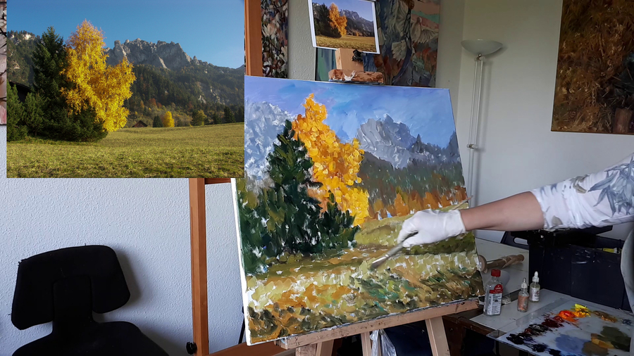 Мастер-класс:  Этюд "Осень в горах Лихтенштейна". Часть 2 - подмалёвок маслом