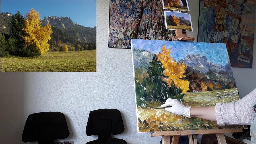Мастер-класс:  Этюд "Осень в горах Лихтенштейна". Часть 4 - пишем лес, домик и поле на заднем плане