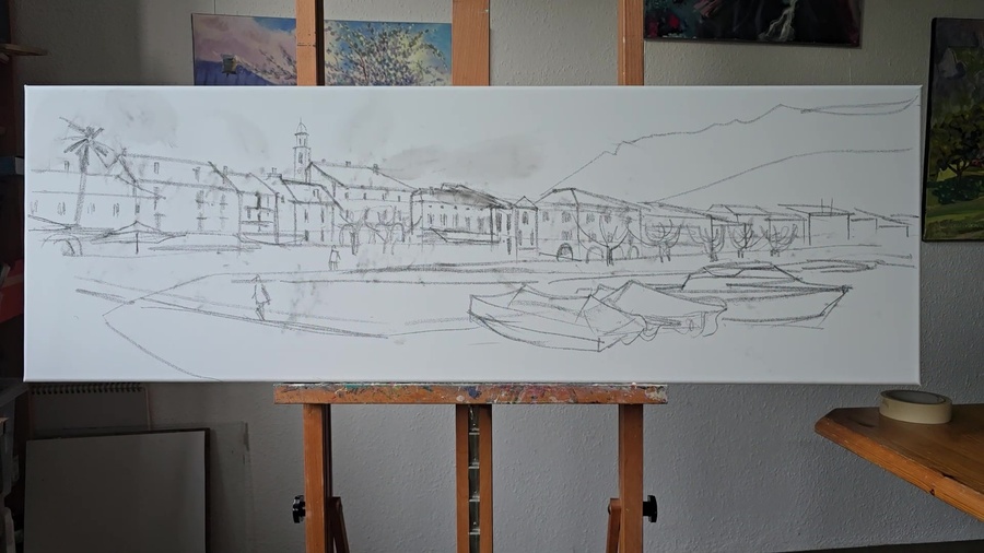 Работа над картиной Набережная в Асконе вечером